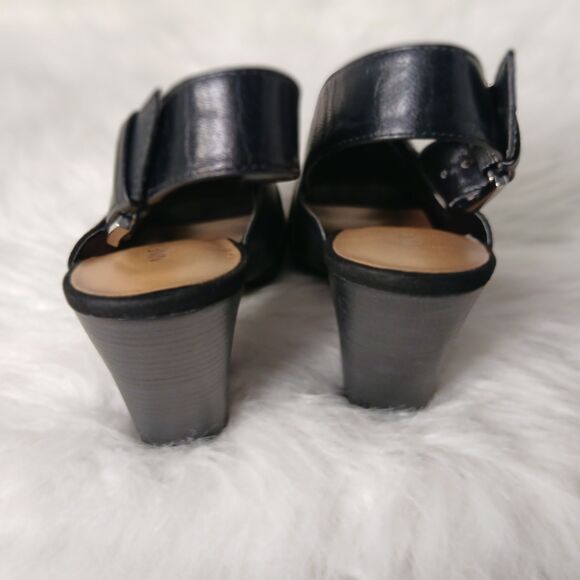 NINE WEST BLACK LEATHER OPEN TOE HEELS W/ CROSS OVER BUCKLE STRAP SIZE 8 1/2 - Picture 7 of 16
